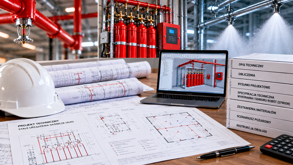 Dokumentacja projektowa stałych urządzeń gaśniczych SUG – rysunki techniczne, obliczenia i projekt instalacji gaśniczej