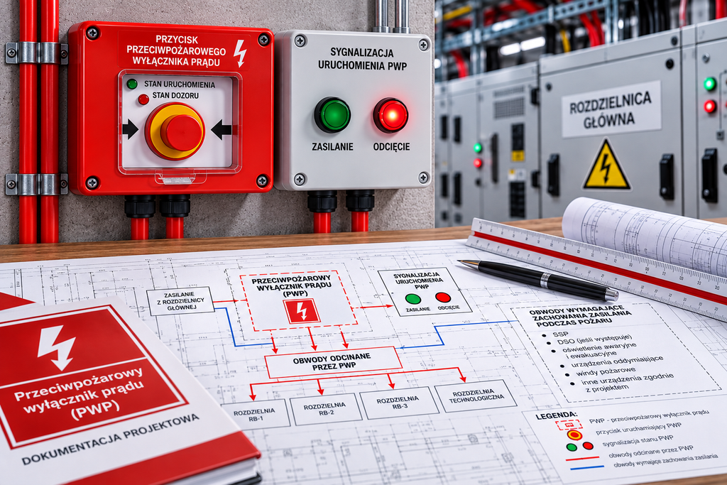 Projektowanie przeciwpożarowych wyłączników prądu (PWP) – dokumentacja techniczna, schemat elektryczny i urządzenia sterujące.