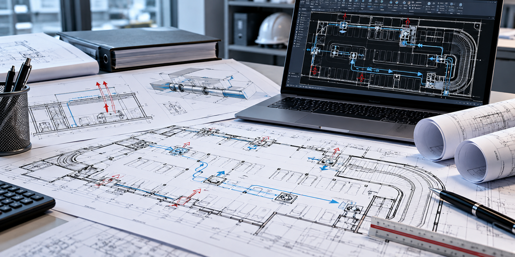 Dokumentacja projektowa systemów wentylacji pożarowej – rysunki techniczne garażu podziemnego z instalacją JET FAN oraz projekt CAD na laptopie