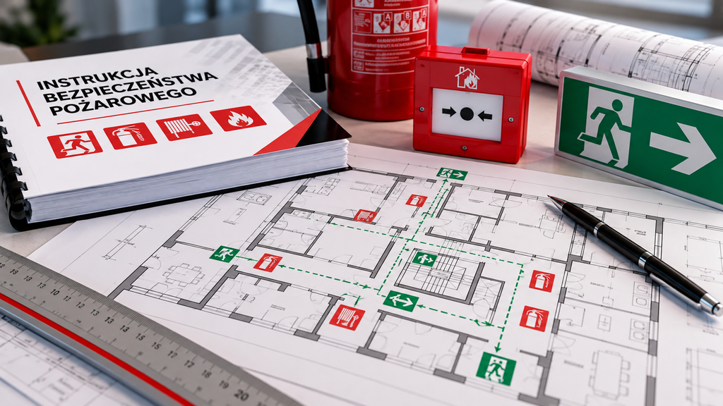 Instrukcja bezpieczeństwa pożarowego – plan rozmieszczenia sprzętu gaśniczego i oznakowania ewakuacyjnego.