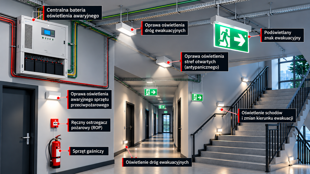 System oświetlenia awaryjnego i ewakuacyjnego – centralna bateria, oprawy awaryjne, podświetlane znaki ewakuacyjne oraz oświetlenie sprzętu przeciwpożarowego.