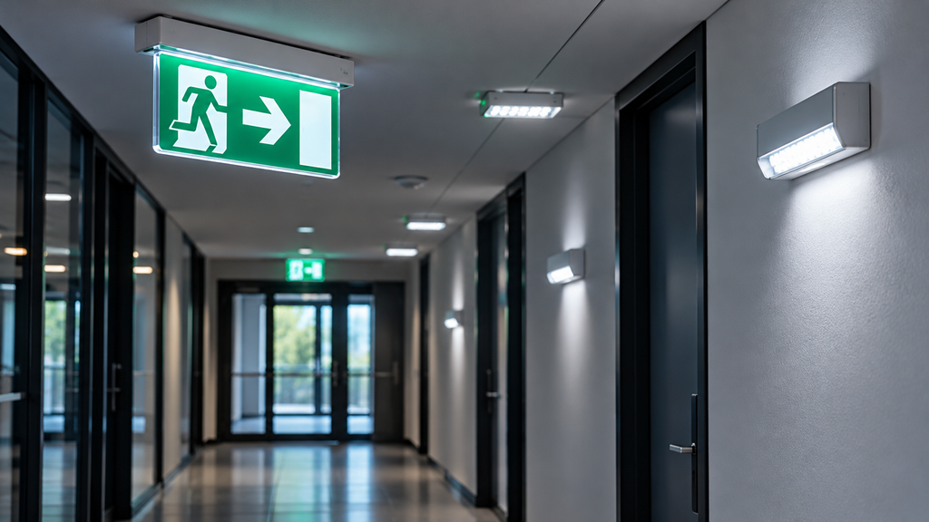 Projektowanie oświetlenia awaryjnego – oprawy awaryjne i podświetlany znak wyjścia ewakuacyjnego w korytarzu budynku. Kopiuj ALT