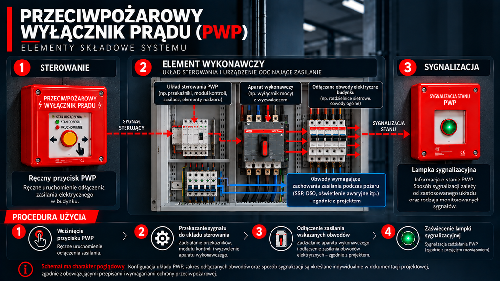 Schemat poglądowy przeciwpożarowego wyłącznika prądu (PWP) przedstawiający przycisk sterujący, aparat wykonawczy, odłączane obwody elektryczne oraz sygnalizację stanu PWP.