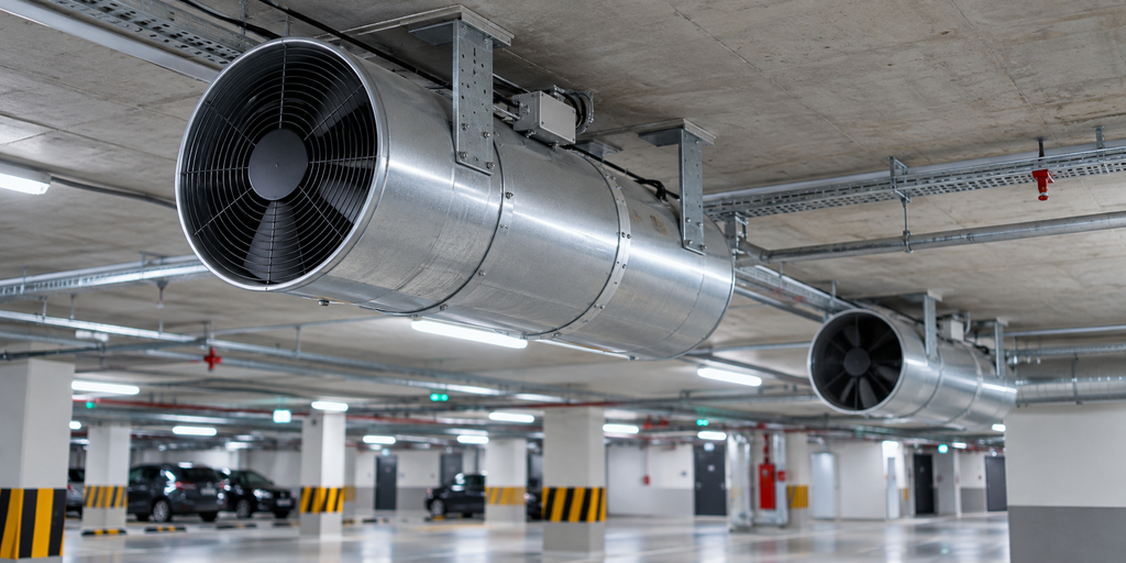 Projektowanie systemów wentylacji pożarowej – wentylatory strumieniowe JET FAN zamontowane pod stropem garażu podziemnego