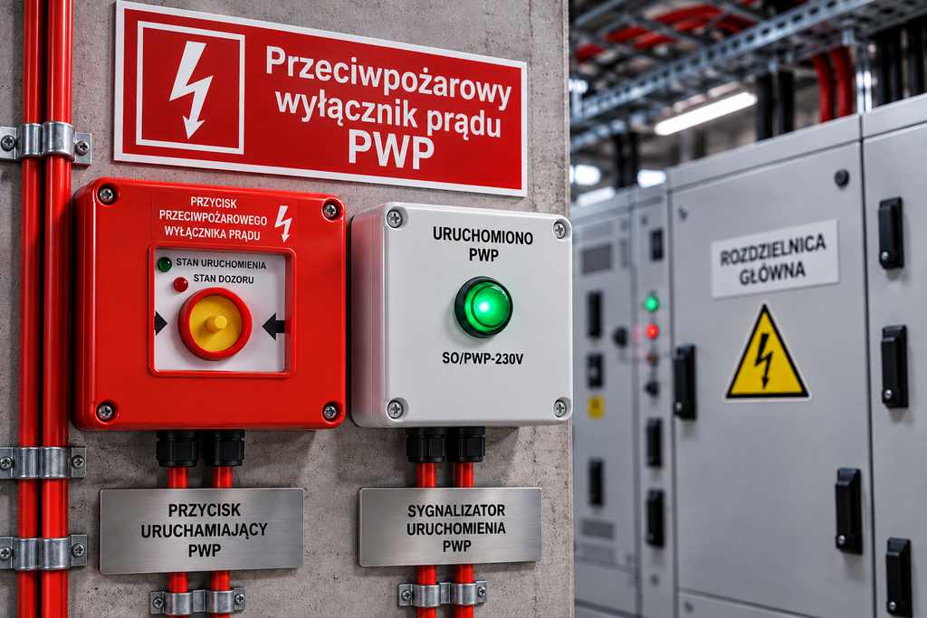 Przeciwpożarowy wyłącznik prądu (PWP) – przycisk uruchamiający, sygnalizator optyczny oraz rozdzielnica główna budynku.