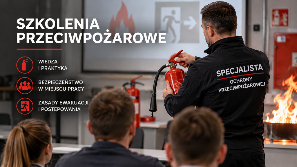 Szkolenia przeciwpożarowe dla firm – specjalista ochrony przeciwpożarowej prezentuje obsługę gaśnicy i zasady ewakuacji podczas szkolenia pracowników.