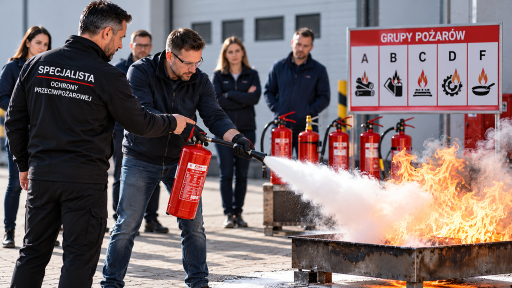 Praktyczne szkolenie przeciwpożarowe – uczestnik pod nadzorem specjalisty ochrony przeciwpożarowej ćwiczy gaszenie kontrolowanego pożaru przy użyciu gaśnicy.