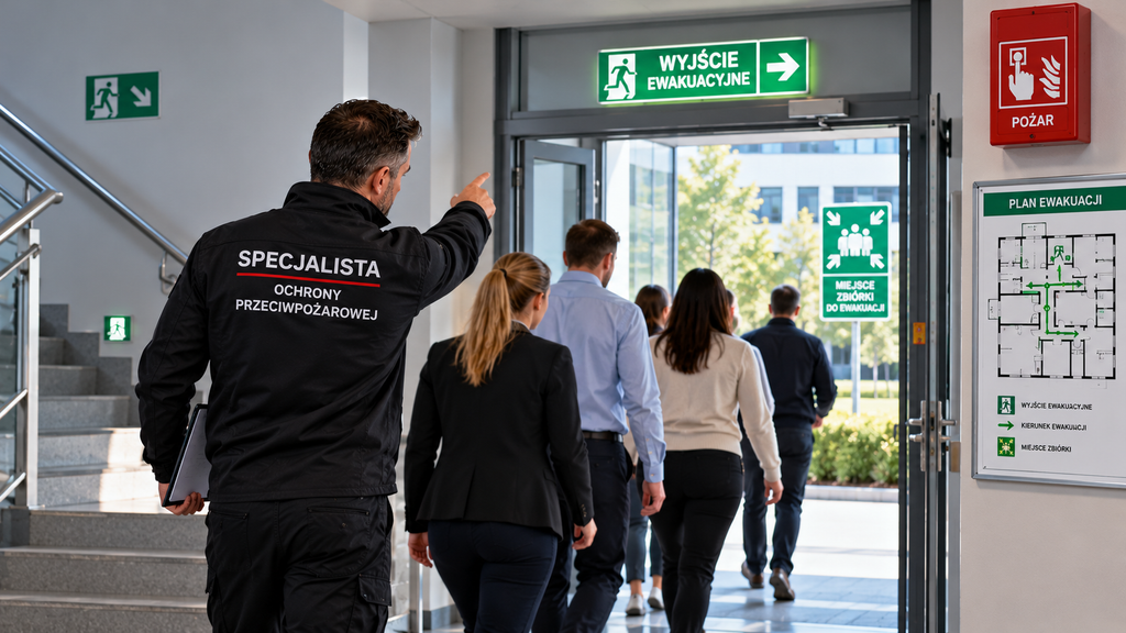 Praktyczne ćwiczenia ewakuacyjne – specjalista ochrony przeciwpożarowej kieruje pracowników do wyjścia ewakuacyjnego podczas szkolenia w budynku.