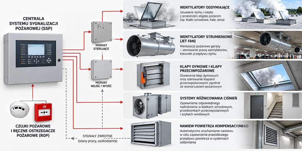 Schemat współpracy Systemu Sygnalizacji Pożarowej (SSP) z systemami wentylacji pożarowej, wentylatorami oddymiającymi, JET FAN i systemami różnicowania ciśnień