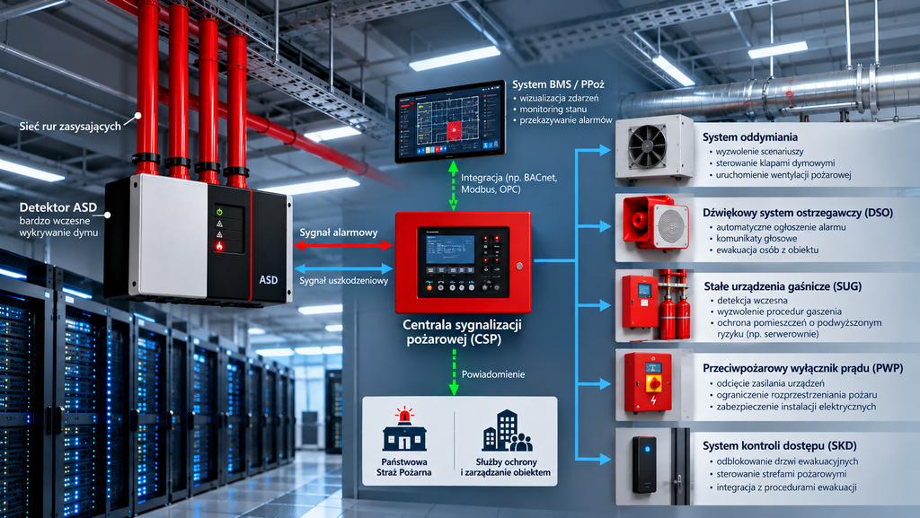 Współpraca zasysającego systemu detekcji dymu ASD z centralą CSP, systemami oddymiania, DSO, SUG, PWP, BMS i kontrolą dostępu