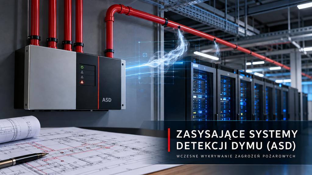 Zasysający system detekcji dymu ASD w serwerowni – detektor, sieć rur z otworami próbkującymi i dokumentacja projektowa